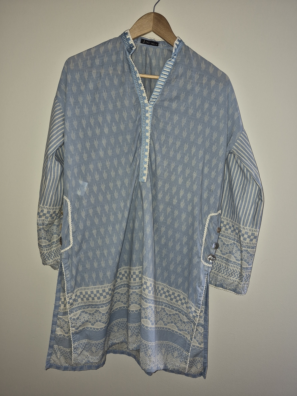 J. Pret Blue Tunic Blouse Boho Crochet Trim Pullover M/L Cotton